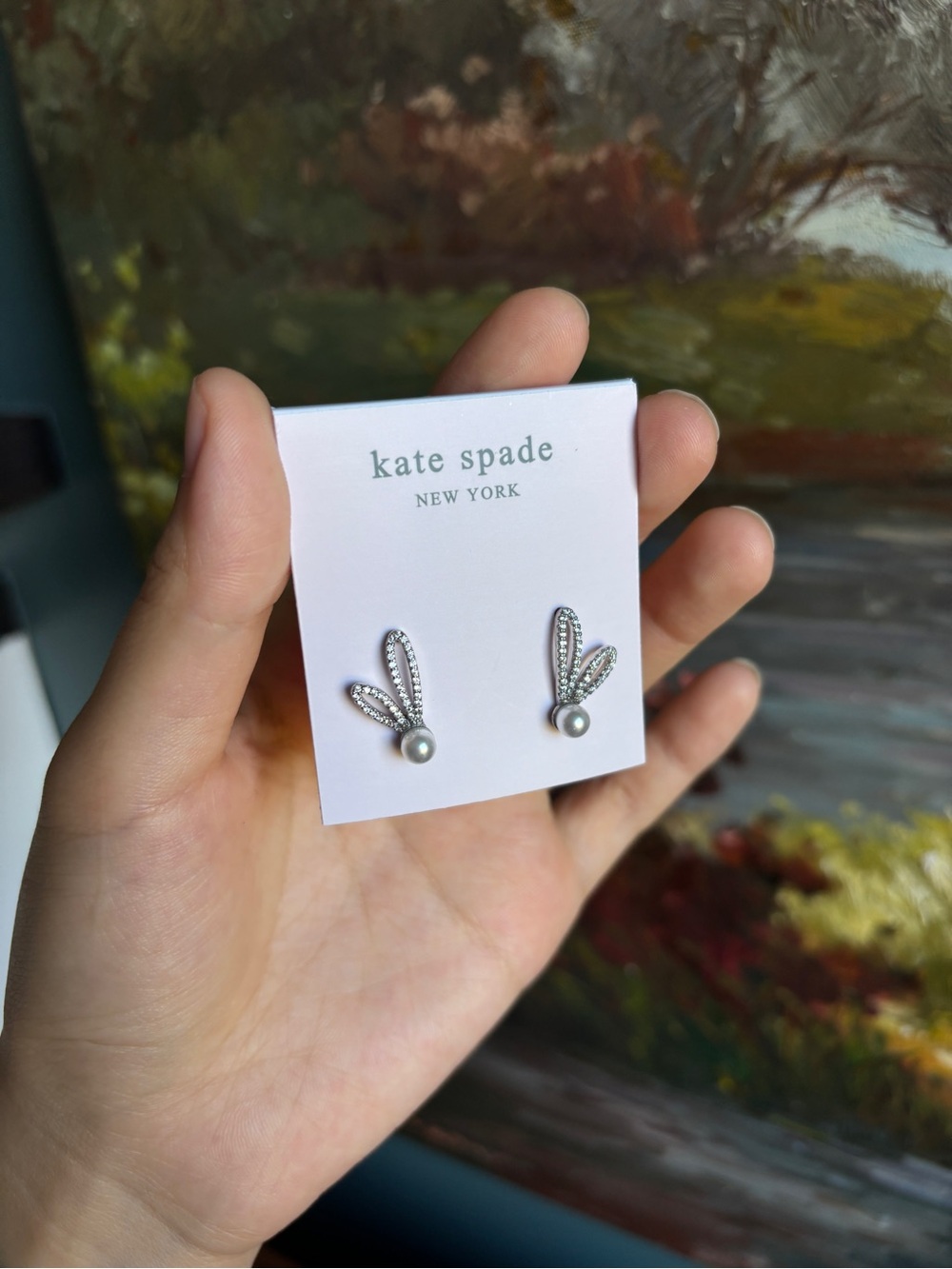 kate spade Silver Pearl Bunny Ear Stud Earrings - Pink Card